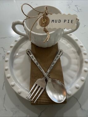 Mud Pie White Beaded Ceramic Plate and Cup Set with Decorative Stamped Utensils